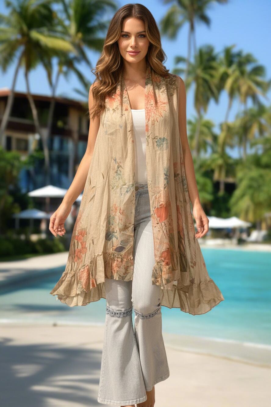Origami Taupe Hi-Lo Oversized Vest "Roses" Onesize